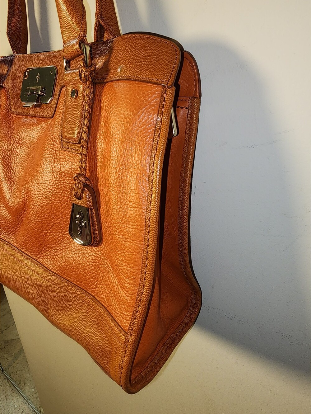 Cole Haan Burnt Orange Textured Leather Kendra Valise Tote Purse Caramel Trim - Picture 5 of 9